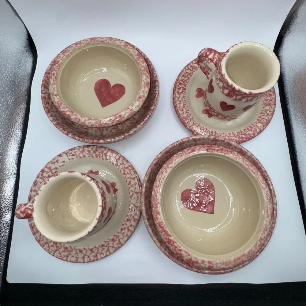FP Friendship Pottery Roseville USA Plates Bowls Mugs Pink Spongeware Heart‎ 8PC